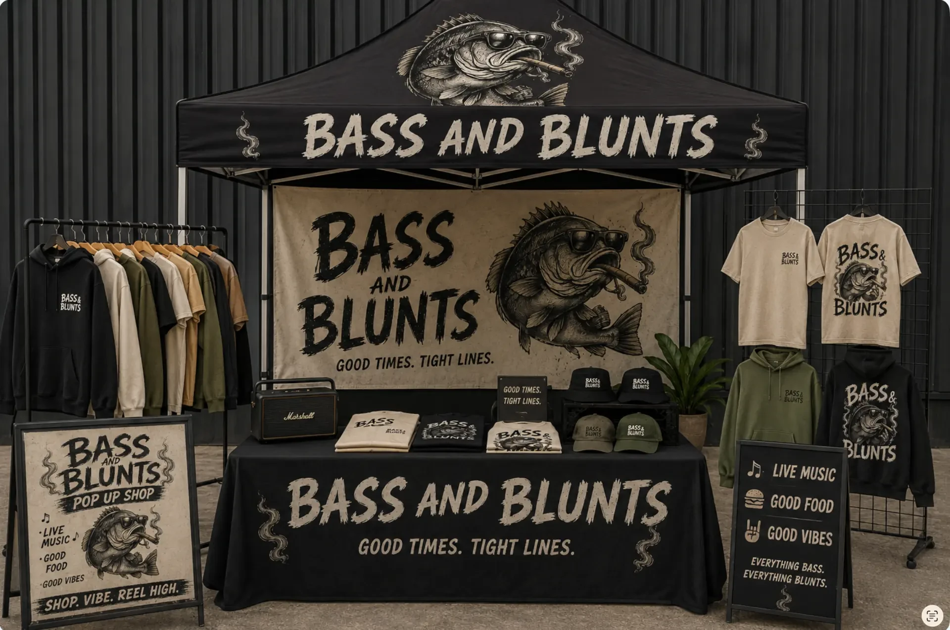 Bass and Blunts black canopy pop-up booth with apparel on display